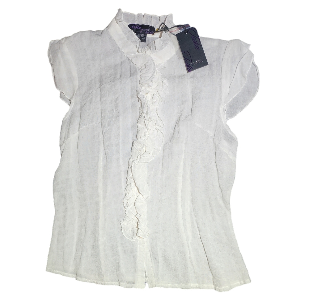 White ruffled button down top